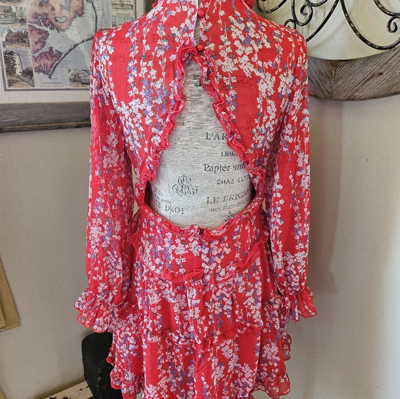 Red Floral Ruffle Open Back Dress M Medium Long Balloon Poof Sleeve - Picture 5 of 11